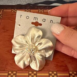 Roma Silver Floral Brooch with Crystal Accents